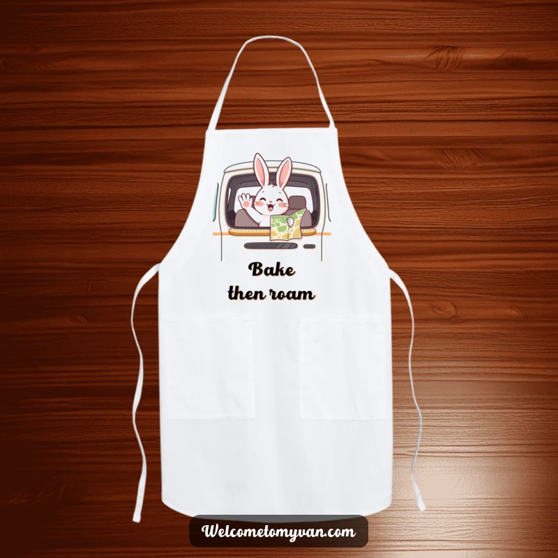 Funny bunny waving from a van window with a map, depicted on a functional and funny apron.