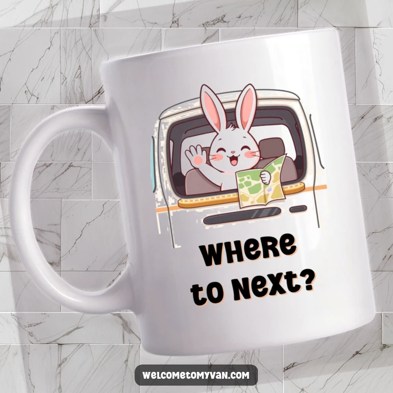 Funny playful bunny waving from an open van window, holding a map, ready for an adventure.