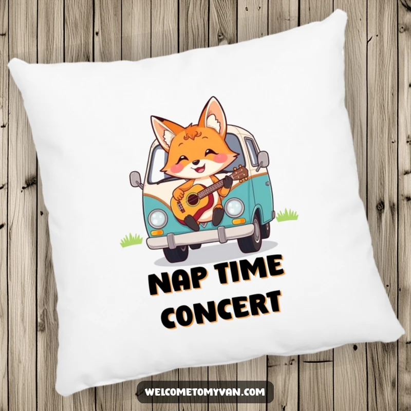 Funny cheerful fox strumming a ukulele on the hood of a van, designed on a soft and comfortable pillow.