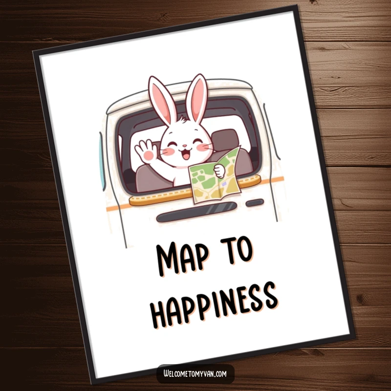 Funny bunny waving from a van window, holding a map, ready for adventure, as a digital art print.