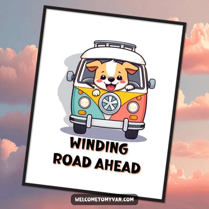 Funny happy dog at the wheel of a retro van on a winding road, available as a downloadable digital art print.