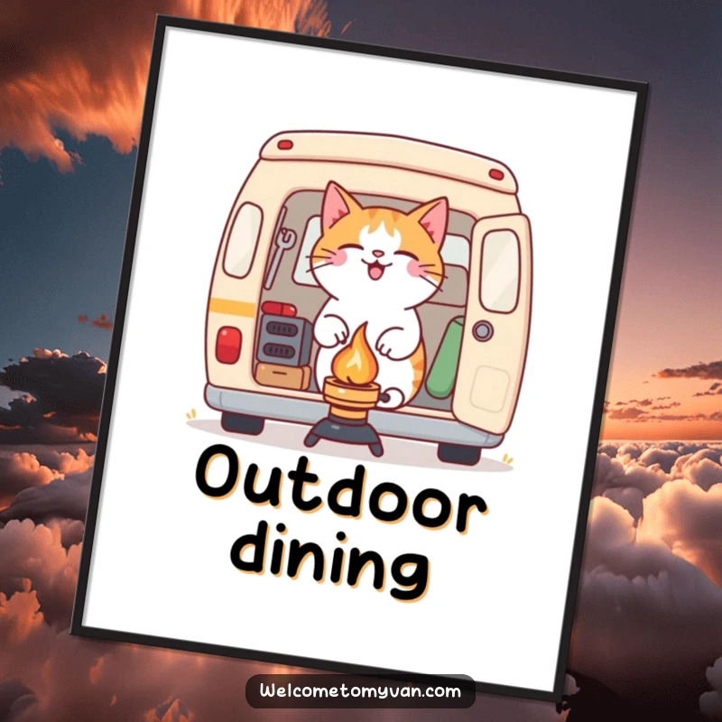 Funny determined cat setting up a camping stove outside a van, available as a digital art print.