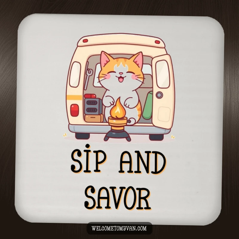 Funny determined cat setting up a camping stove near a van, depicted on protective drink coasters.