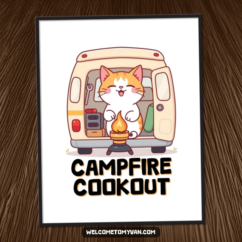 Funny determined cat setting up a small camping stove outside a van, presented as a humorous wall art poster.