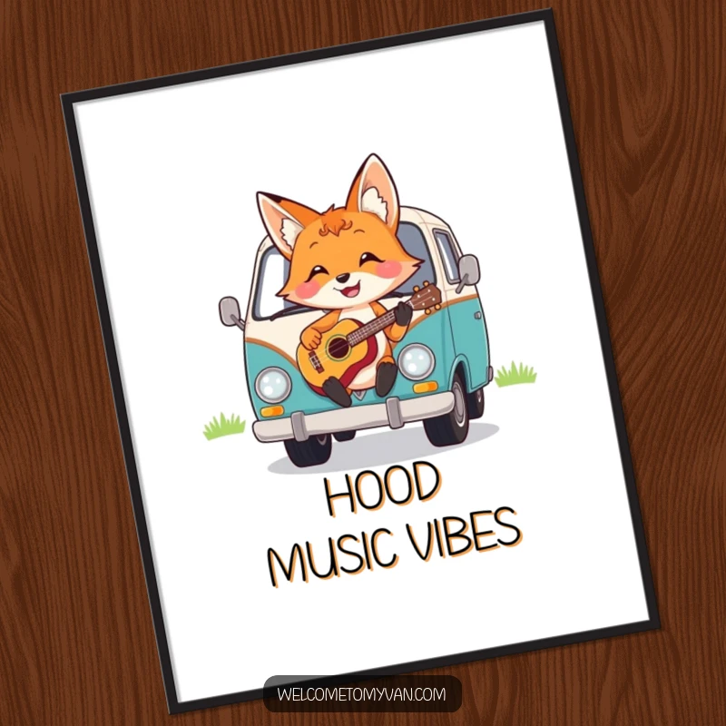 Funny cheerful fox happily strumming a ukulele on the hood of a van, presented as a vibrant wall art poster.