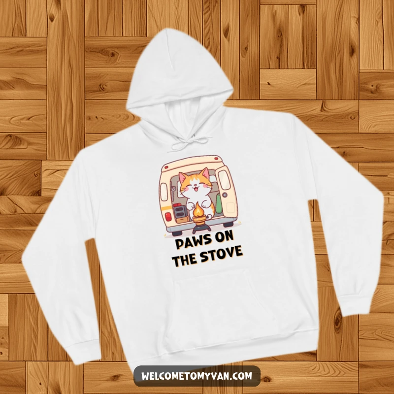 Funny determined cat setting up a camping stove outside a van, printed on a warm hoodie.