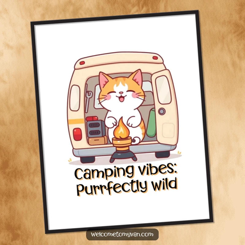 Funny Free Printable Wall Art: A determined cat gleefully setting up a small camping stove outside a van, preparing a meal outdoors.