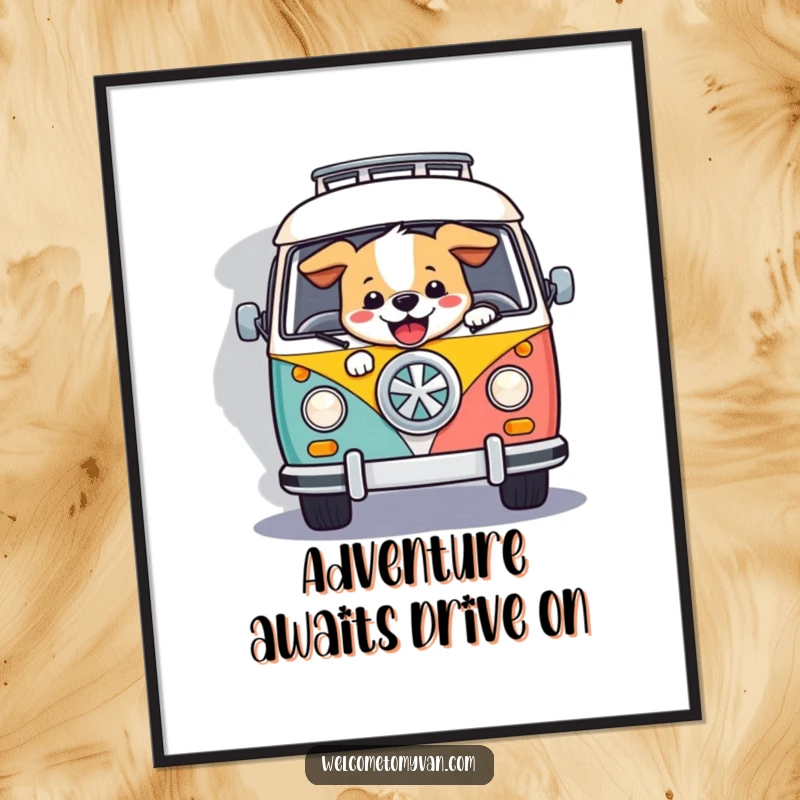 Funny Free Printable Wall Art: A happy dog joyfully steering a colorful retro van down a winding road, a cheerful and adventurous scene.