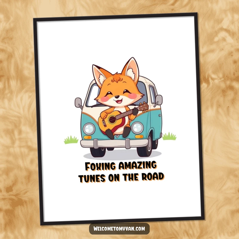 Funny Free Printable Wall Art: A cheerful fox happily strumming a ukulele on the hood of a van, creating a lively scene.