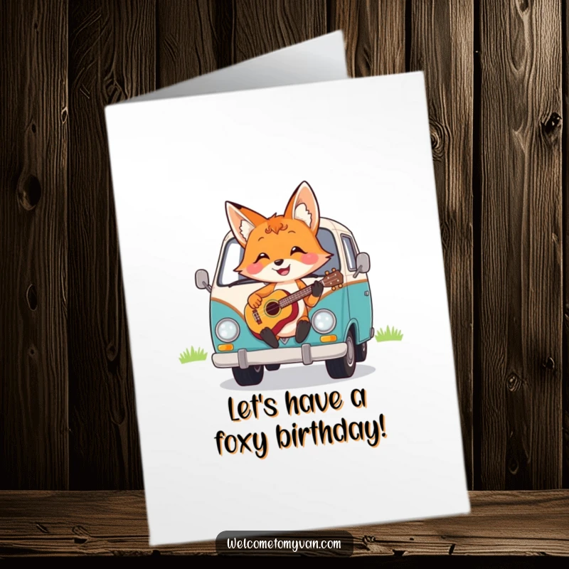 Funny Free Printable Birthday Card: A cheerful fox happily strumming a ukulele on the hood of a van, celebrating with music.