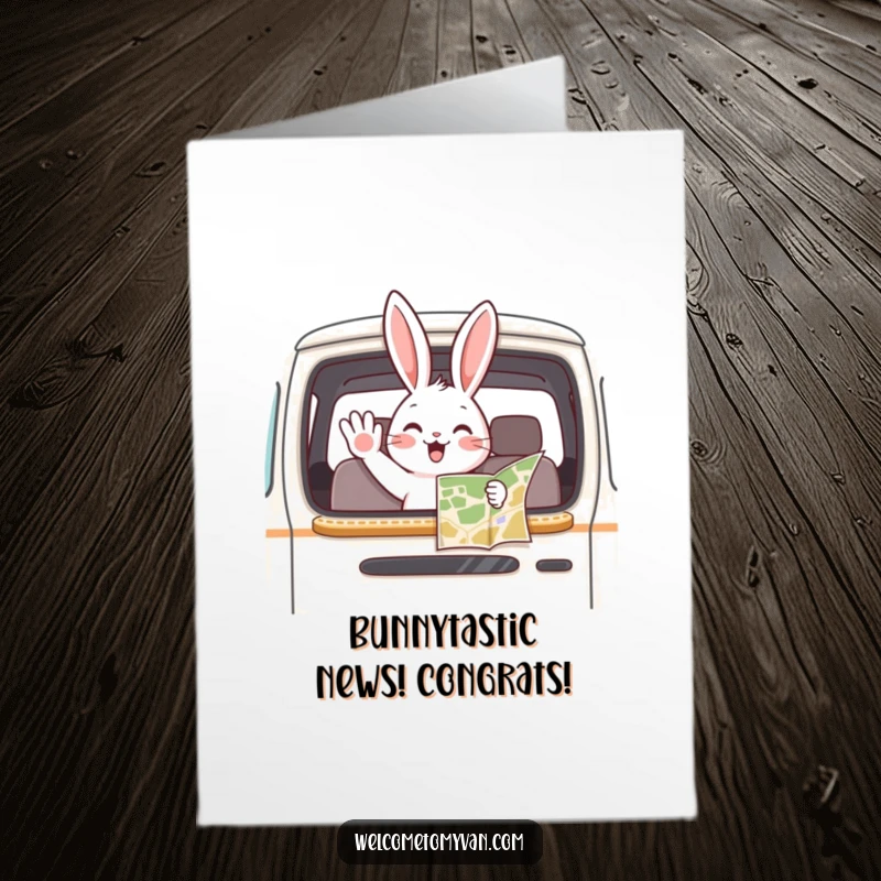 Funny Free Printable Congrats Card: A playful bunny excitedly waving from an open van window, map in paw, celebrating a journey.