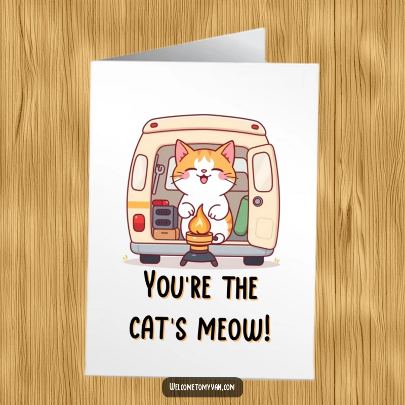 Funny Free Printable Congrats Card: A determined cat gleefully setting up a camping stove outside a van, celebrating an outdoor achievement.