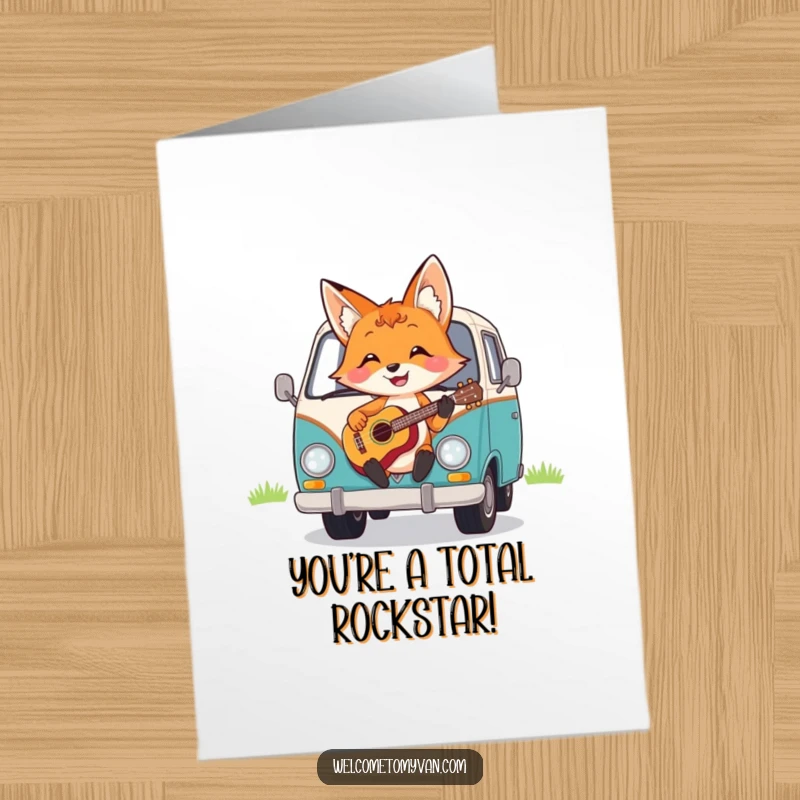 Funny Free Printable Congrats Card: A cheerful fox happily strumming a ukulele on the hood of a van, celebrating an accomplishment.