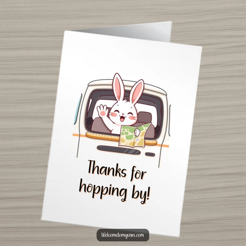 Funny Free Printable Thank You Card: A playful bunny excitedly waving from an open van window, excited to express thanks, holding a map.