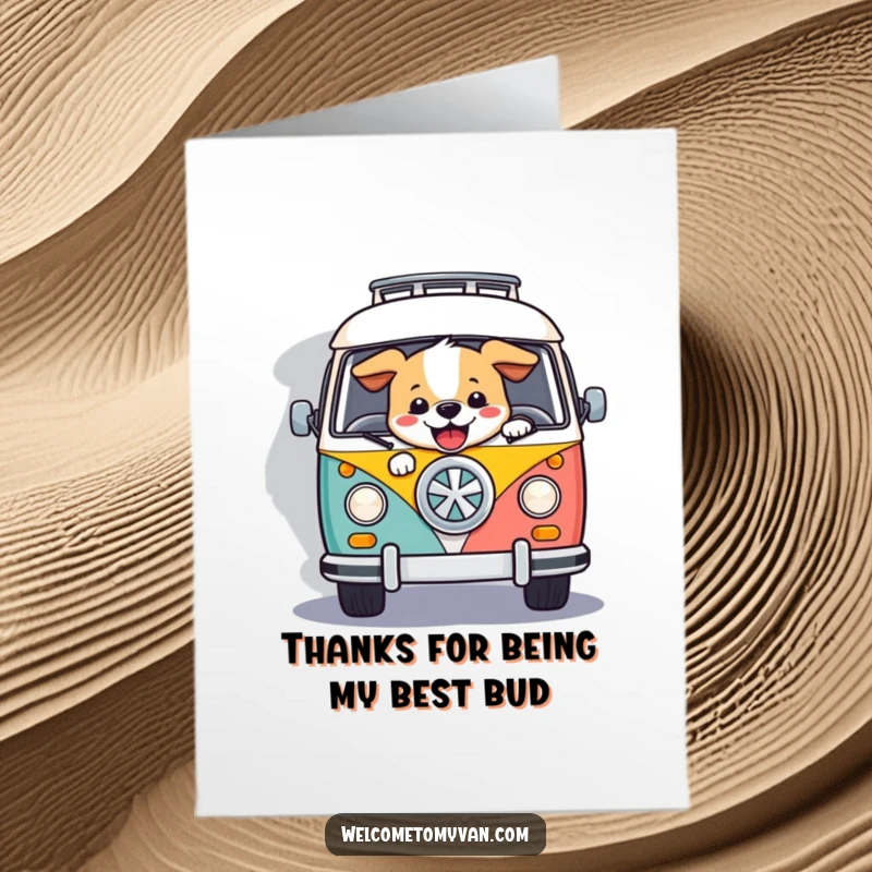Funny Free Printable Thank You Card: A happy dog steering a retro van, expressing gratitude on a scenic drive, a heartfelt thank you.