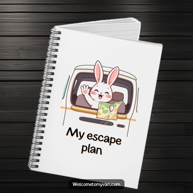 Funny bunny waving from a van window, holding a map, featured on the cover of a notebook.