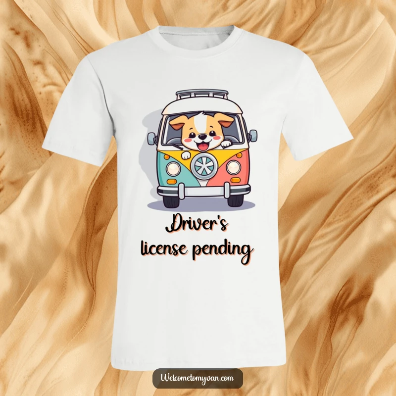 Funny happy dog joyfully driving a vibrant retro van down a scenic winding road, embodying freedom and happiness.