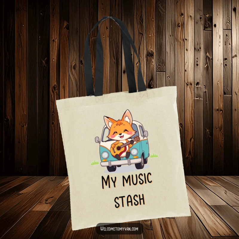 Funny cheerful fox strumming a ukulele on the hood of a van, depicted on a durable tote bag.