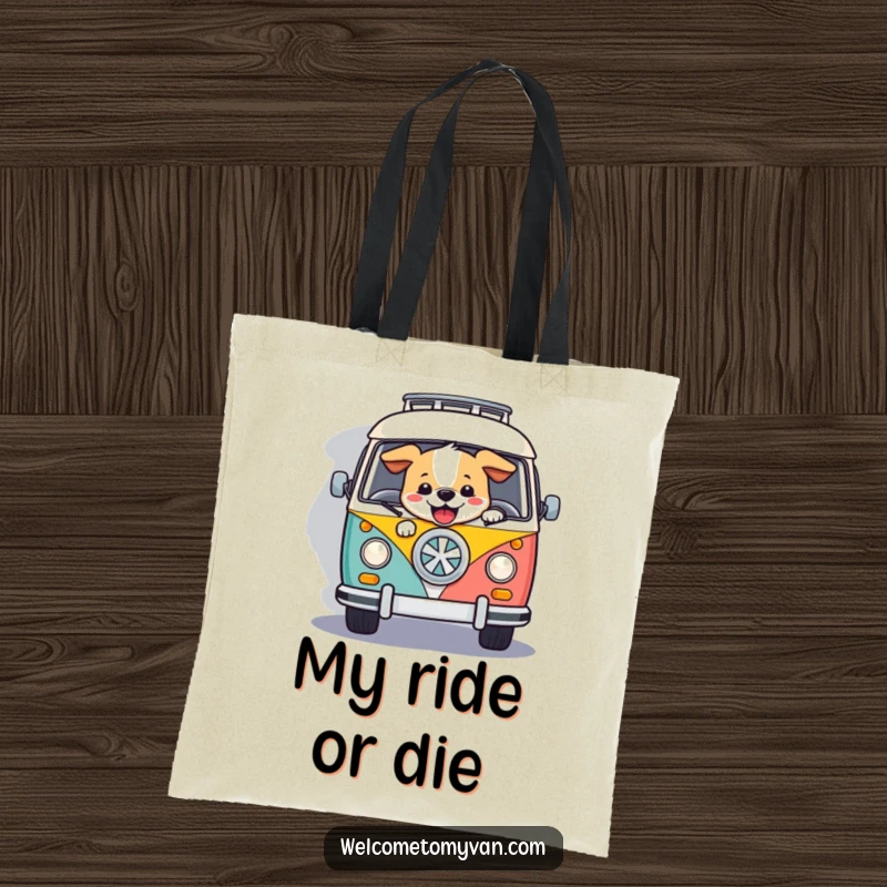 Funny dog driving a retro van across a winding road, featured on a practical tote bag for carrying essentials.