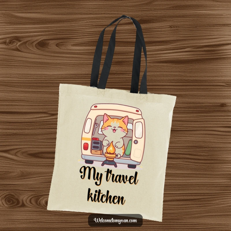Funny determined cat setting up a camping stove near a van, depicted on a durable tote bag.